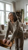 Senior Caucasian woman with gray hair doing home workout, leaning on chair in cozy living room, eyes closed, calm and mindful exercise routine.