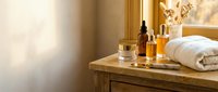 Spa wellness setup with essential oils, towels and natural skincare products on wooden surface for relaxation and self-care routine at home.