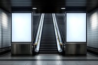 Empty underground passage with escalator and two blank white billboards mockup on walls. Modern urban interior with metallic and tile elements.