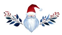 Festive watercolor Santa Claus face with long white beard wearing red hat, decorated with navy blue winter foliage and red berries on white background.