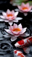Pink water lilies floating on dark water with koi fish swimming below, creating a serene garden pond scene for spa, wellness, and nature design projects.