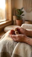Elderly hands gently holding wooden heart token in warm sunlit room with cozy blanket and houseplant creating peaceful atmosphere of love and care.
