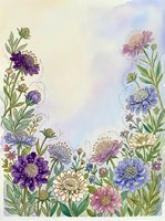 Watercolor wildflowers border with purple, blue, pink, and cream blooms on soft pastel background, copy space for greeting cards and invitations.