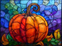 Orange pumpkin in stained glass style with swirling abstract background in blue and purple hues, decorative autumn harvest artwork with mosaic effect.