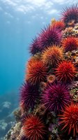 Colorful sea urchins with spiny shells clustered on coral reef underwater in clear blue ocean water creating vibrant marine ecosystem display.