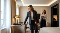 Professional businesswoman in suit leading meeting with colleague in modern office conference room with natural lighting and contemporary furniture.