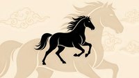 Black horse silhouette galloping with flowing mane against beige background with decorative cloud patterns for equestrian design projects.