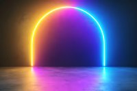 Glowing neon rainbow arch illuminating dark concrete floor with vibrant yellow, pink and blue colors creating modern futuristic atmosphere for background design.