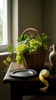 Wicker basket overflowing with fresh green grapes and vine leaves on rustic wooden table, styled still life composition with ceramic pitcher and lemon peel for culinary and harvest themes.