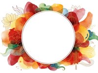 Vibrant watercolor floral frame with colorful blooms and leaves surrounding white circular space for text or logo design projects.