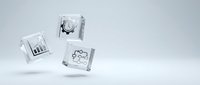 Transparent acrylic blocks with business charts and graphs floating on white background for corporate presentations and financial reports.