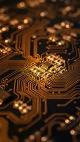 Golden circuit board with microchip and electronic pathways in warm lighting for technology and innovation concepts.