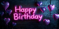 Glowing pink neon Happy Birthday sign on dark brick wall with purple heart-shaped balloons creating festive celebration atmosphere for greeting cards and party designs.