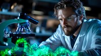 Caucasian male scientist in lab coat examining glowing green substance through microscope in dark laboratory setting with dramatic lighting and scientific equipment.