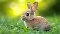 Adorable brown baby bunny sitting in green spring grass with soft bokeh background, looking curious and alert. Natural outdoor setting with warm sunlight.