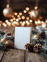 Blank white greeting card with festive pine cones and golden ornaments on rustic wooden table with warm bokeh lights creating cozy holiday atmosphere.