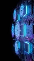 Futuristic circuit board with glowing blue holographic data processing elements and neon lights on dark background for technology concepts.