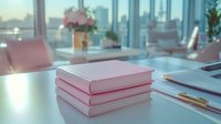 Stack of pink hardcover books on modern office desk with city view and sunlight, creating serene workspace atmosphere with feminine aesthetic appeal.