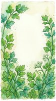 Watercolor parsley herb border frame with green leafy stems and delicate flowers on aged cream background, isolated on transparent space for menu design, recipe cards, culinary branding, and kitchen decor projects.