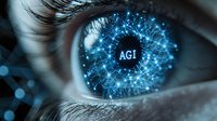 Close up macro of human eye with digital AGI network reflection, neural connections and artificial intelligence concept visualization in blue tones.