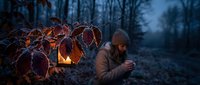 Young man warming hands by campfire in autumn forest during twilight with glowing orange leaves creating cozy outdoor atmosphere for camping adventure.