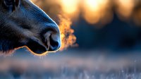 Close-up of cow nose with warm golden sunlight creating atmospheric bokeh background during sunset hour in pastoral farm setting.