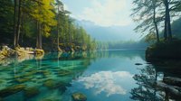 Tranquil mountain lake with crystal clear turquoise water reflecting clouds and sky, surrounded by pine forest and rocky shore in wilderness landscape.