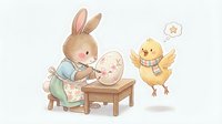 Adorable bunny rabbit painting Easter egg at wooden table while cute yellow chick watches with excitement. Charming spring holiday illustration.