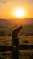 Cat silhouette sitting on wooden fence post during golden hour sunset over rolling hills countryside landscape with warm orange sky and peaceful rural scenery.