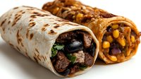 Mexican burritos filled with meat, corn, black beans and fresh herbs on white background, close up view of traditional wrapped tortilla meal.