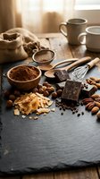 Artisanal chocolate making ingredients with cocoa powder, dark chocolate pieces, nuts and baking tools on rustic slate surface for confectionery preparation.