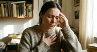 Middle-aged Caucasian woman experiencing headache and chest discomfort at home, touching forehead and chest with concerned expression in cozy living room.