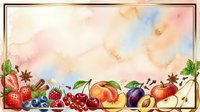 Watercolor fruit arrangement with strawberries, blueberries, raspberries, cherries, peaches, plums and apples on soft pastel background with spices and leaves for culinary design.