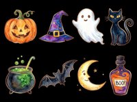 Halloween clipart set with pumpkin, witch hat, ghost, black cat, cauldron, bat, crescent moon, and potion bottle, isolated on transparent background, ready for stickers and print on demand.