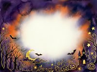 Halloween watercolor frame with spooky trees, bats, pumpkins and crescent moon on purple orange background for autumn holiday designs and decorations.