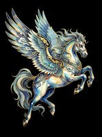 Ornate winged horse with flowing mane and tail in blue and gold tones, isolated on transparent background. Ready for t-shirts, stickers, sublimation, and print-on-demand designs.