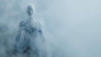 Ethereal male figure emerging from dense fog and mist, creating a ghostly, atmospheric effect suitable for supernatural, horror, or conceptual design projects.