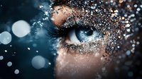 Mesmerizing blue eye with silver glitter makeup and sparkles against dark background, extreme macro photography with bokeh effect creates magical atmosphere.