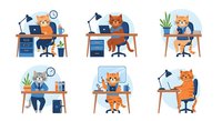 Cartoon cat and human characters sitting at desks working on computers and laptops in office environments. Isolated clipart set ready for design projects, presentations, websites, educational materials, and commercial applications.