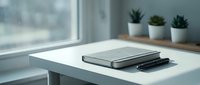 Modern minimalist workspace with closed laptop and smartphone on clean white desk near window with natural light and small potted plants for productivity.