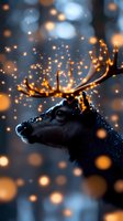Magical reindeer profile with glowing antlers against dark background, surrounded by golden bokeh lights and snowflakes creating enchanting winter atmosphere.