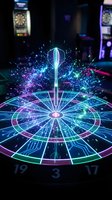 Neon glowing dartboard with futuristic holographic effects and particle explosions, surrounded by arcade gaming machines in dark environment. Digital entertainment concept.