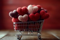 Knitted hearts in shopping cart on wooden surface with red background for Valentine's Day romance and love themed marketing campaigns.