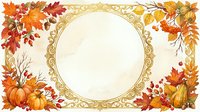 Ornate circular frame surrounded by autumn leaves, pumpkins, and fall foliage in warm orange and red tones on cream background. Isolated design element suitable for invitations, greeting cards, and seasonal marketing materials.