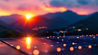Solar panels at sunset with dramatic orange sky and mountain silhouettes. Sun rays reflect off photovoltaic surface creating bokeh light effects. Clean energy concept.