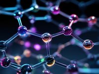 Molecular structure with glowing spheres connected by bright lines in blue and pink neon colors against dark background, scientific visualization of atoms.