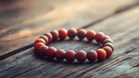 Red wooden beaded bracelet on rustic wooden surface in warm sunlight, spiritual meditation jewelry with natural matte finish and bohemian style.
