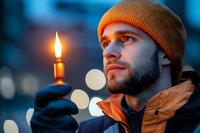 Caucasian man in orange beanie and winter jacket holding burning candle at dusk, atmospheric bokeh lights in background, contemplative expression.