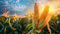 Fresh corn cobs with green leaves in agricultural field at sunset, dramatic orange sky and sunlight through maize ears, autumn harvest season background.