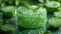 Fresh green cucumber slices with water drops and ice cubes on dark background, macro photography for healthy food and spa concept.